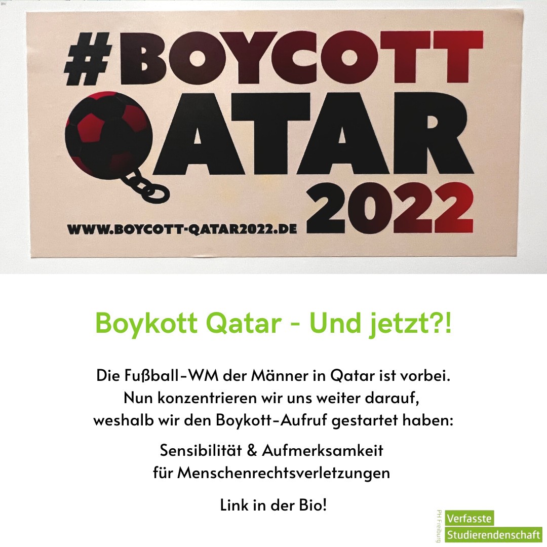 Die Fußball-WM der Männer in Qatar ist vorbei. Was nun? Nun konzentrieren wir uns weiter darauf, weshalb wir den Boykott-Aufruf gestartet haben: Sensibilität und Aufmerksamkeit für Menschenrechtsverletzungen. Ein ausführliches Statement findet ihr im Link in der Bio.
Barrierefreiheit: Das Bild zeigt in der oberen Hälfte einen "Boykott Qatar 2022"-Sticker. die untere Hälfte ist mit dem Text aus der Bildbeschreibung versehen.