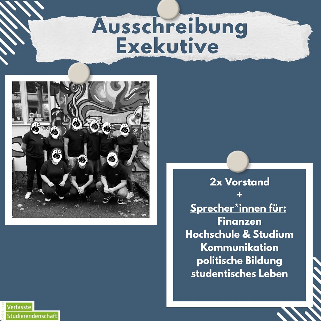 💥 Mitmachen & Mitbestimmen! 💥
Die Bewerbungsphasen für StuRa und Exekutive laufen! 🗳️✨
📌 Exekutive (Vorstand & Sprecher*innenposten):
🗓️ Frist: 22.07.2025
📧 Bewerbung an: legislative@stura-ph.de
📌 StuRa-Kandidatur:
🗓️ Frist: 08.07.2025, 16 Uhr
📧 Bewerbung an: sekretariat@vs-ph-freiburg.de
Du willst Hochschulpolitik aktiv mitgestalten, Veranstaltungen organisieren oder die Interessen deiner Mitstudierenden vertreten? Dann bist du hier genau richtig! 💬🎉
Mehr Infos findest du in unseren Story Highlights!
📩 Fragen? Schreib uns einfach!
#stura #exekutive #hochschulwahlen #phfreiburg #hochschulpolitik