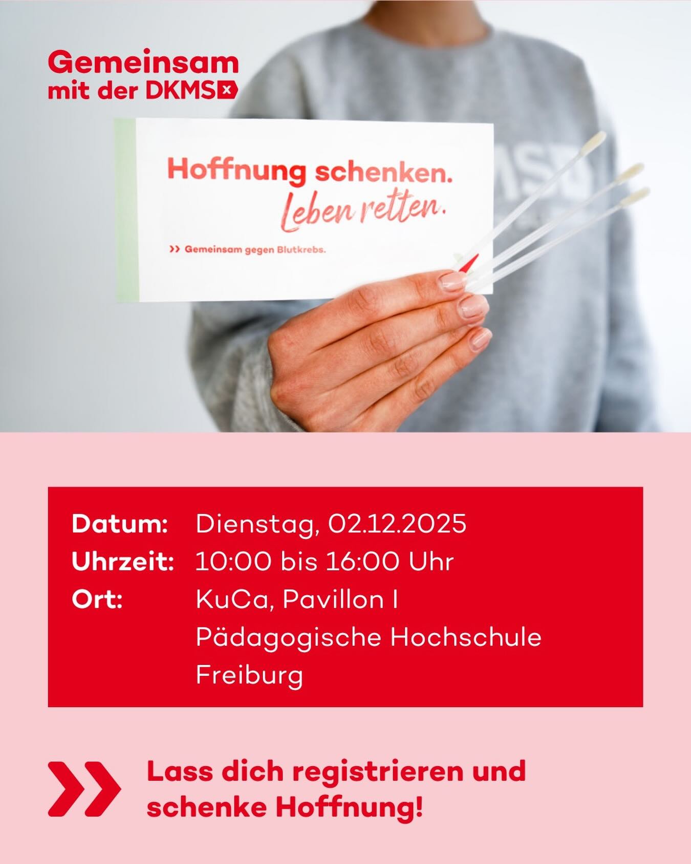 Gemeinsam Gutes tun ❤️

Am 02.12.2025 zwischen 10:00 und 16:00 Uhr kannst du dich im KuCa, Pavillon 1 ganz einfach als Stammzellspender*in registrieren lassen. 

Jede Registrierung kann ein Leben retten.

👉 Komm vorbei, mach den Wangenabstrich – und schenke Hoffnung.

#dkms #stammzellspende #lebensretter #phfreiburg
#verfasstestudierendenschaft