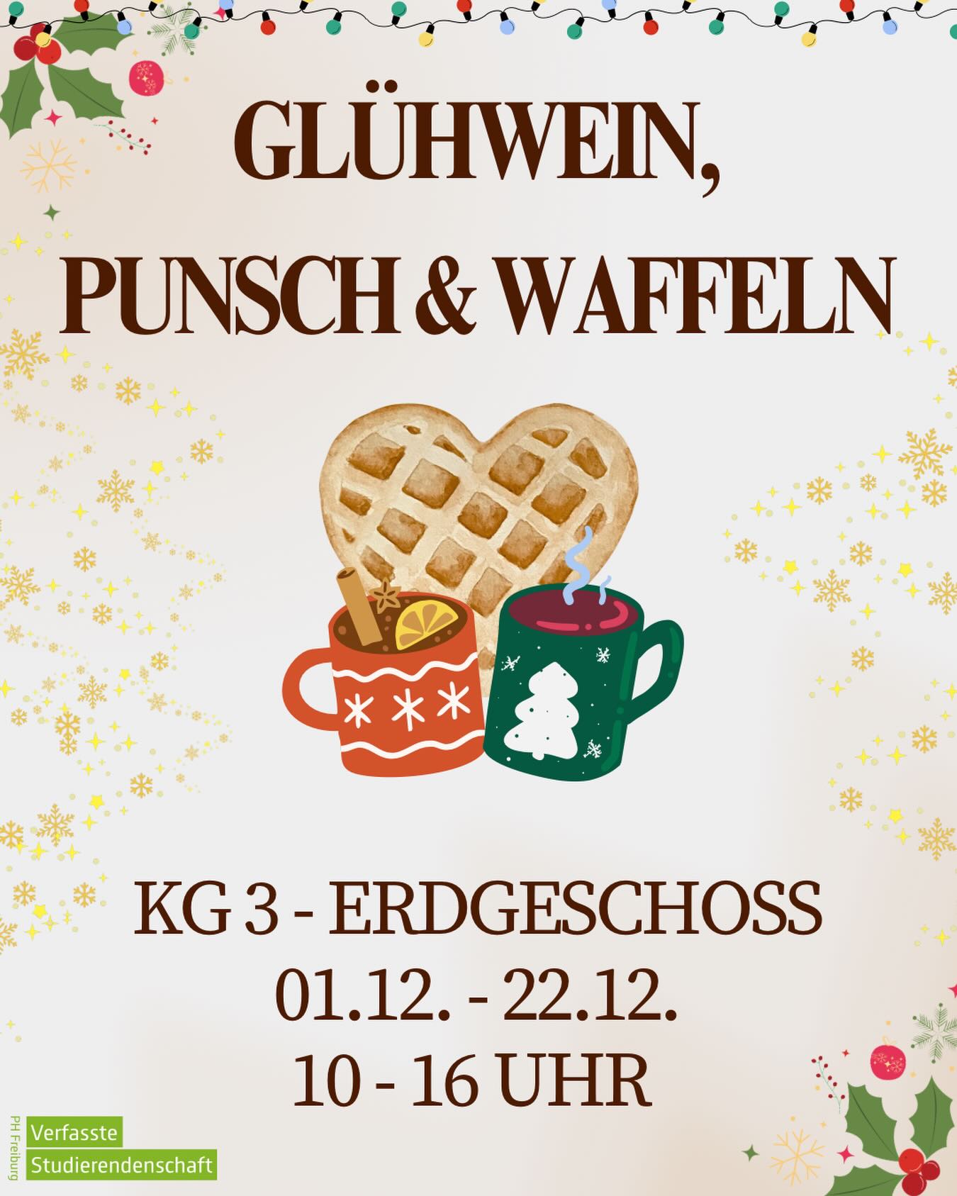 Morgen startet die Waffelaktion!

Ihr findet von Montag bis Freitag im Erdgeschoss vom
KG3 von 10 - 16 Uhr eine Fachschaft die euch Punsch, Glühwein und Waffeln anbieten.

Schaut vorbei und lasst es euch schmecken 🤩

#phfreiburg #verfasstestudierendenschaft #waffles #glühweingehtimmer #punsch